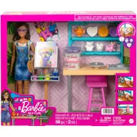 Barbie Wellness Atelier artistique et créatif, poupée (env. 30 cm), plus de 25 accessoires créatifs pour la poterie et la peinture, pour les enfants de 3 à 7 ans