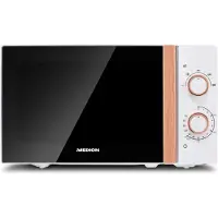 Medion Micro-ondes petit (Aspect bois, Pose libre, 20 litres, 700 Watt, Porte miroir, 5 niveaux de puissance, Fonction décongélation, Minuterie, MD10596) blanc