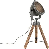QAZQA Lampe de table industrielle trépied en acier avec bois inclinable - Emado