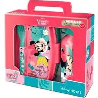 Disney Set de Bouteille de Aluminium de 400 ml et boîte à goûter avec couverts de Minnie Mouse