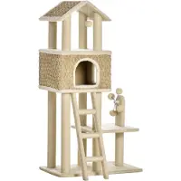 PawHut Reposoir et griffoir pour chat D30-431, avec grotte pour chat, y compris jouet, rondins de jute, grande plate-forme, aggloméré, peluche, 131 cm