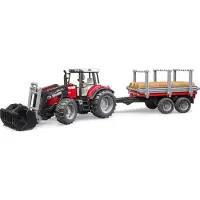 BRUDER Tracteur MASSEY FERGUSON 7480 avec fourche et remorque de transport de bois -