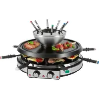 ProfiCook Raclette Fondue Combiné pour 8 personnes, Gril à raclette 2en1 avec set à fondue, spatules, poêlons et fourchettes inclus PC-RG/FD 1245