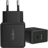 Ansmann HC218PD - Adaptateur secteur - 18 Watt - 3000 mA - PD, QC 3.0 - 2 ports de sortie (USB, USB-C) - noir (1001-0109)