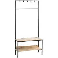 Haku Portemanteau sur pied , 5 crochets, charge totale 15 kg, 2 tablettes, L 800 x P 350 x H 1800 mm, acier/bois/métal, noir/décor chêne clair