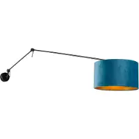 QAZQA Applique murale noire avec abat-jour en velours bleu 35 cm réglable - Blitz