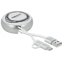DeLOCK USB 2.0 2 in 1 Aufrollkabel Typ-A zu Micro-B und Lightning 8 Pin weiss / gold