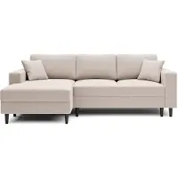 Selsey Nalika Canapé d'angle avec fonction sommeil, coffre de lit, housse en velours blanc crème hydrofuge, côté gauche