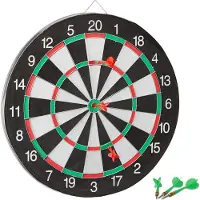 Relaxdays Cible X2 avec fléchettes, 43 cm, 6 fléchettes, double face, fléchettes en acier, cible classique, noir et blanc