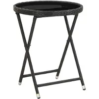 vidaXL Table d'appoint noire 60 cm Poly rotin et verre trempé