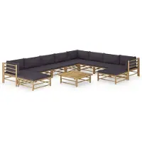 vidaXL Ensemble de salon de jardin 11 pièces avec coussins gris foncé en bambou