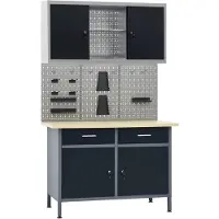 vidaXL Établi avec 3 panneaux à outils et 1 armoire murale