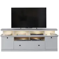 Ebuy24 Brax Meuble TV avec 1 support TV, 2 portes, 4 espaces de rangement et 1 porte battante, blanc.