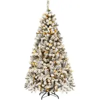 Costway Sapin de Noël artificiel 180cm avec neige incl. 600 pointes d'aiguilles en PVC, 250 lampes LED blanc chaud & support métallique, sapin, arbre de Noël, blanc
