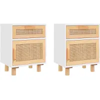 vidaXL Tables de chevet 2pcs Blanc Bois de pin massif et rotin naturel