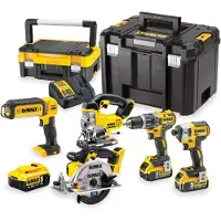 DeWalt Pack 5 machines DCK551P3T : perceuse (DCD796), visseuse à choc (DCF887), scie sauteuse (DCS331), scie circulaire (DCS391) et une lampe LED (DCL050) avec coffret et 3 batteries 5,0 Ah 18V