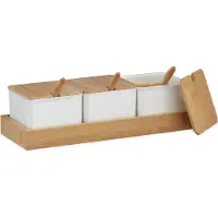 Relaxdays Pots À Épices, Lot De 3, Bocaux, Cuillère Et Couvercle, Plastique, Bambou, Sucrier Sur Plateau, Cuisine, Blanc -
