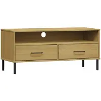 The Living Store Armoire TV OSLO avec pieds métalliques Marron Pin massif