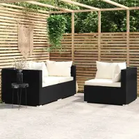 The Living Store Ensemble de salon de jardin 3 pièces avec coussins Noir Poly Rattan