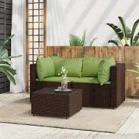 The Living Store Ensemble de salon de jardin 3 pièces avec coussins Marron Poly Rattan