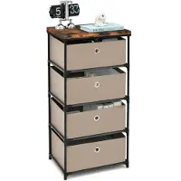 Costway Table de nuit avec tiroirs en tissu, table d'appoint avec cadre métallique, armoire de rangement Commode en tissu pour chambre à coucher, salon, couloir (Marron, 4 tiroirs)