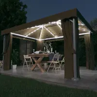 The Living Store Pavillon avec rideaux & guirlande lumineuse LED 4x3 m Taupe