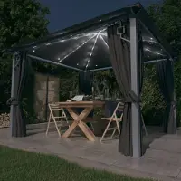 The Living Store Pavillon avec rideaux & guirlande lumineuse LED 3x3 m Anthracite Alu