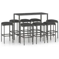 The Living Store 9 pcs. set bar de jardin avec coussins Poly rotin gris