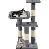 The Living Store Arbre à chat avec colonnes en sisal 65 cm Impression pattes Gris