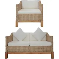 vidaXL Canapé "Perasdorf" avec coussins en coton en rotin naturel + blanc crème. Dimensions (L/H/P) 132x74x78 cm