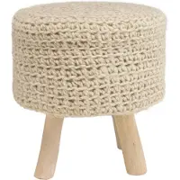 Macabane SACHA - Tabouret rond 40x40cm laine tressé blanc pieds bois naturel