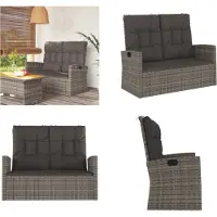 vidaXL Banc de jardin avec fonction chaise longue & coussin Gris 118 cm Poly rotin - Banc de jardin - Banc - Banc d'extérieur