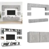 vidaXL 8 pcs. Set d'armoire TV Gris béton Bois composite - Set d'armoire TV - Set d'armoire TV suspendue - Set d'armoire TV suspendue