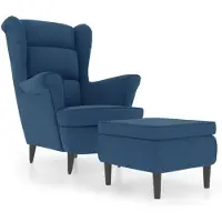 The Living Store Fauteuil à oreilles avec pouf bleu velours