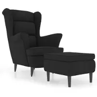 The Living Store Fauteuil à oreilles avec pouf Noir velours