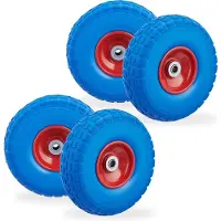 Relaxdays 4 roues de diable, pneus en caoutchouc plein anti-crevaison, 4.1/3.5-4, axe de 16 mm, charge maximale de 150 kg, H x P : 26 x 8,5 cm, bleu/rouge