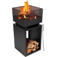 Bbq collection Panier à feu avec pare-étincelles - Cheminée de jardin 39 x 39 x 85 cm - Cheminée d'extérieur avec piquet et rangement pour le bois de chauffage - Poêle à bois pour le jardin et la