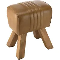 Macabane MARCEL - Tabouret matelassé en cuir marron pieds inclinés en manguier MARCEL