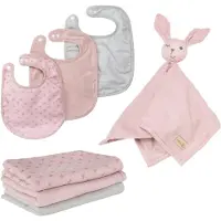Roba Coffret Bébé Lil Planet - 7 PCS - 3 Bavoirs + 1 Doudou + 3 Langes - Cadeau de Naissance - Rose / Gris