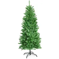 Costway Sapin de Noël 150cm crayon avec lumières LED blanc chaud, sapin artificiel avec système de pliage et support métallique, sapin de Noël aiguilles PVC, sapin artificiel Noël vert