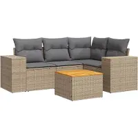 vidaXL Ensemble de salon de jardin 5 pièces avec coussins Beige Poly Rattan