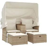 vidaXL Canapé de jardin 2 places avec auvent et tabourets beige rotin