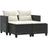 vidaXL Canapé de jardin 2 places avec tabourets Noir Poly Rattan