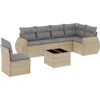 vidaXL Ensemble de salon de jardin 7 pièces avec coussins Beige Poly Rattan