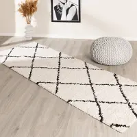 FRAAI Tapis de couloir à poils longs | Grand Lines Crème/Noir | 80x200cm | Noir | Tapis de couloir | Tapis
