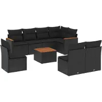 vidaXL Ensemble de salon de jardin 9 pièces avec coussins noir poly rotin