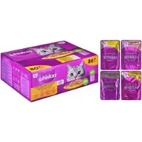 Whiskas Adult sachet 80x85g Poultry feast aliment complet humide pour chats adultes en morceaux gélifiés avec poulet, canard, volaille, dinde.