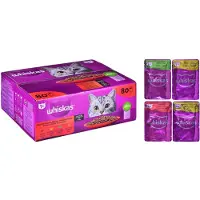 Whiskas Adult sachet 80x85g Classic Meals nourriture complète humide pour chats adultes en sauce avec du bœuf, du poulet, de l'agneau et de la volaille.