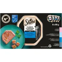 Sheba Classics Fish Flavours trays 32x85g nourriture complète humide pour chats adultes en terrine avec saumon, poisson blanc et carottes, thon et légumes, cabillaud