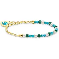 Thomas Sabo Member Charm Bracelet avec Perles Blanches Malachite et Charmista Coin Plaqué Or, (17 cm, Argent 925, Émail)